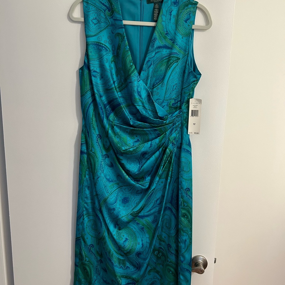 Ralph Lauren Blue Ruched V-Neck Cocktail Dress